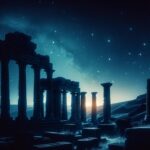ai generated, ruins, night, ancient, glow, silhouette, mountain, dark, nature, wallpaper, background, light