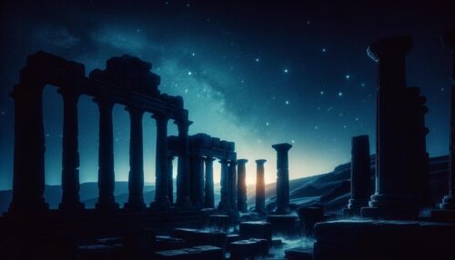 ai generated, ruins, night, ancient, glow, silhouette, mountain, dark, nature, wallpaper, background, light