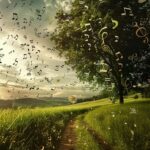 ai generated, music, notes, field, summer, sky, clouds, whimsical, floating, harmony, peaceful, sunny, outdoors, meadow, scenery, light, abstract, melody, wind, nature, landscape