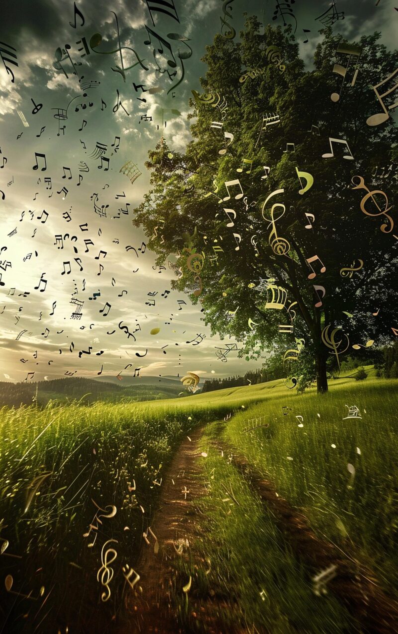 ai generated, music, notes, field, summer, sky, clouds, whimsical, floating, harmony, peaceful, sunny, outdoors, meadow, scenery, light, abstract, melody, wind, nature, landscape