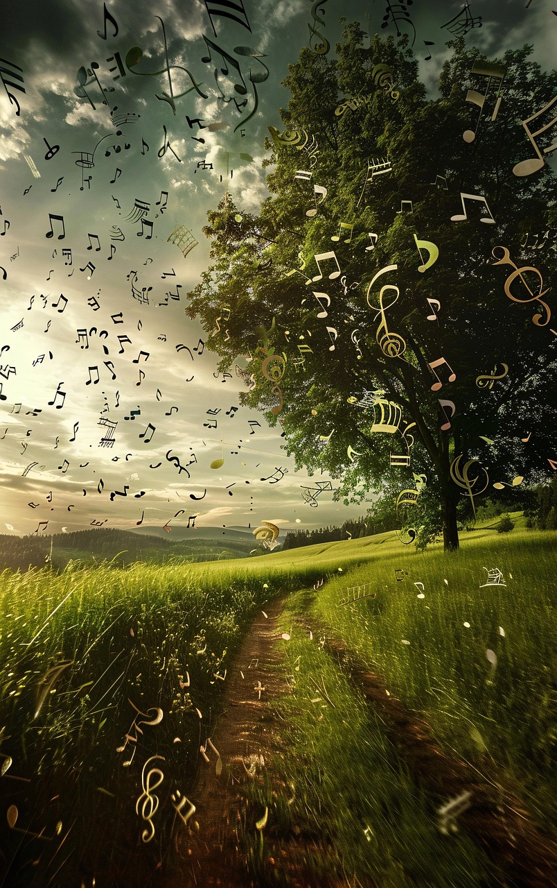 ai generated, music, notes, field, summer, sky, clouds, whimsical, floating, harmony, peaceful, sunny, outdoors, meadow, scenery, light, abstract, melody, wind, nature, landscape