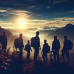 ai generated, hiking, silhouette, friendship, together, nature, people, lifestyle, friends