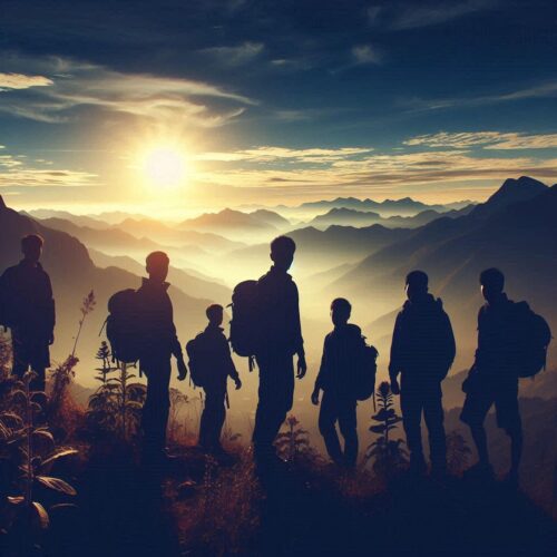 ai generated, hiking, silhouette, friendship, together, nature, people, lifestyle, friends