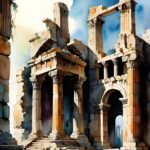 ai generated, ruins, architecture, watercolor, painting, ancient, art, columns, culture, legacy, historical, history