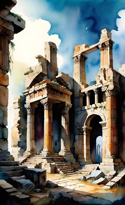 ai generated, ruins, architecture, watercolor, painting, ancient, art, columns, culture, legacy, historical, history