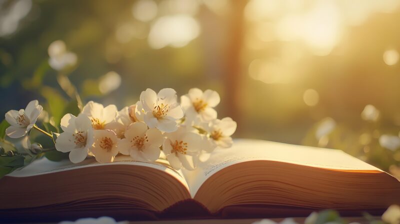 ai generated, book, flowers, still life, reading, warmth, learning, knowledge, spring, relaxation, education, literature, classic, thought, beauty, serenity, vintage, nature