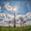 windmill, sun, sunbeams, clouds, backlighting, high contrast, wind power, heaven, environmental engineering, power generation, wind turbine, wind energy, nature, electricity, energy, environment, alternative energy, renewable energy, ecology, ultra wide angle