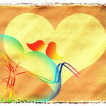 bird, chirp, tweet, chirrup, love, romance, postcard, branch, stalk, greeting card, nature, abstract, simple, plain, drawing, tree, heart, to sit