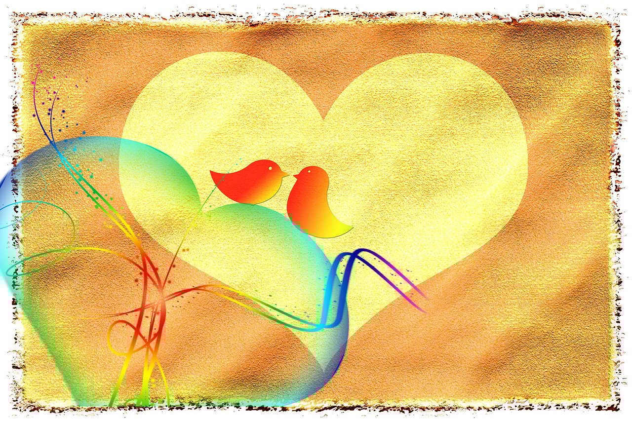 bird, chirp, tweet, chirrup, love, romance, postcard, branch, stalk, greeting card, nature, abstract, simple, plain, drawing, tree, heart, to sit