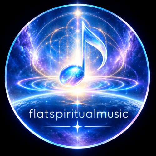 flatspiritualmusicのロゴ。地球と宇宙を背景に、生命の花の幾何学模様と光る音符が描かれたシンボルマーク